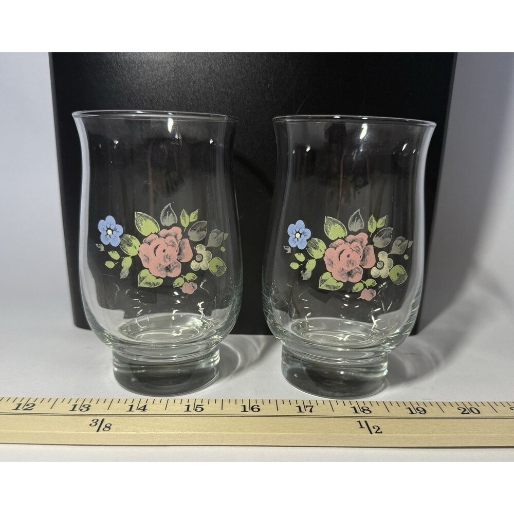 Set of 2 Vintage Pfaltzgraff Libbey Tea Rose 14oz Pedestal Glass Tumblers